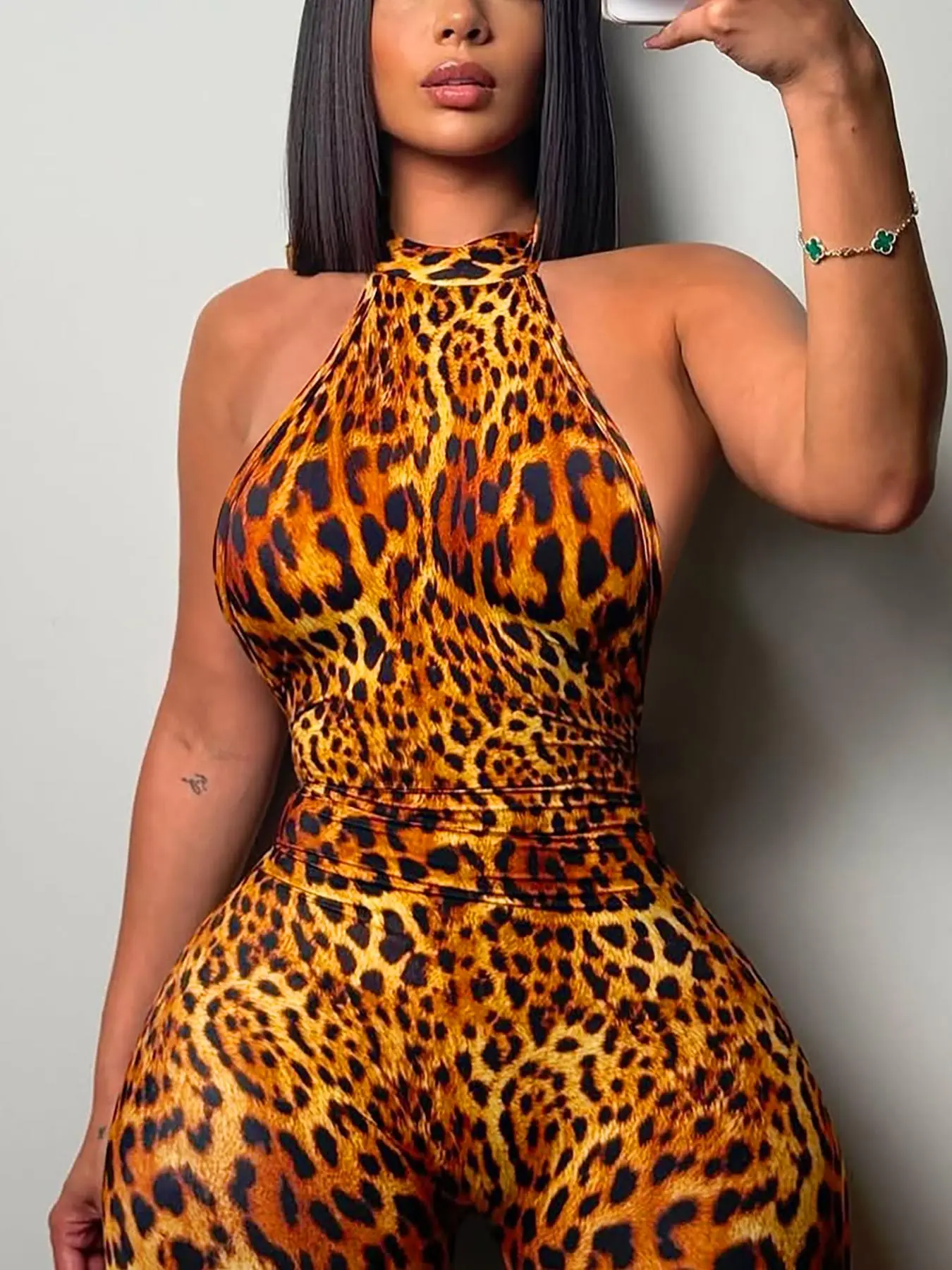 Women's Leopard Print Jumpsuit, Fashion Casual Fitted Jumpsuit for Daily Outdoor Wear, Summer Stretch-Fit Skinny Stretchy Jumpsuit, Casual Jumpsuits, Womenswear