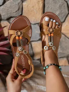 Women's Bohemian Beaded Fringe Sandals, Vintage Flat Beach Shoes, Open Toe Summer Footwear, Comfortable & Stylish, Classy Sandal