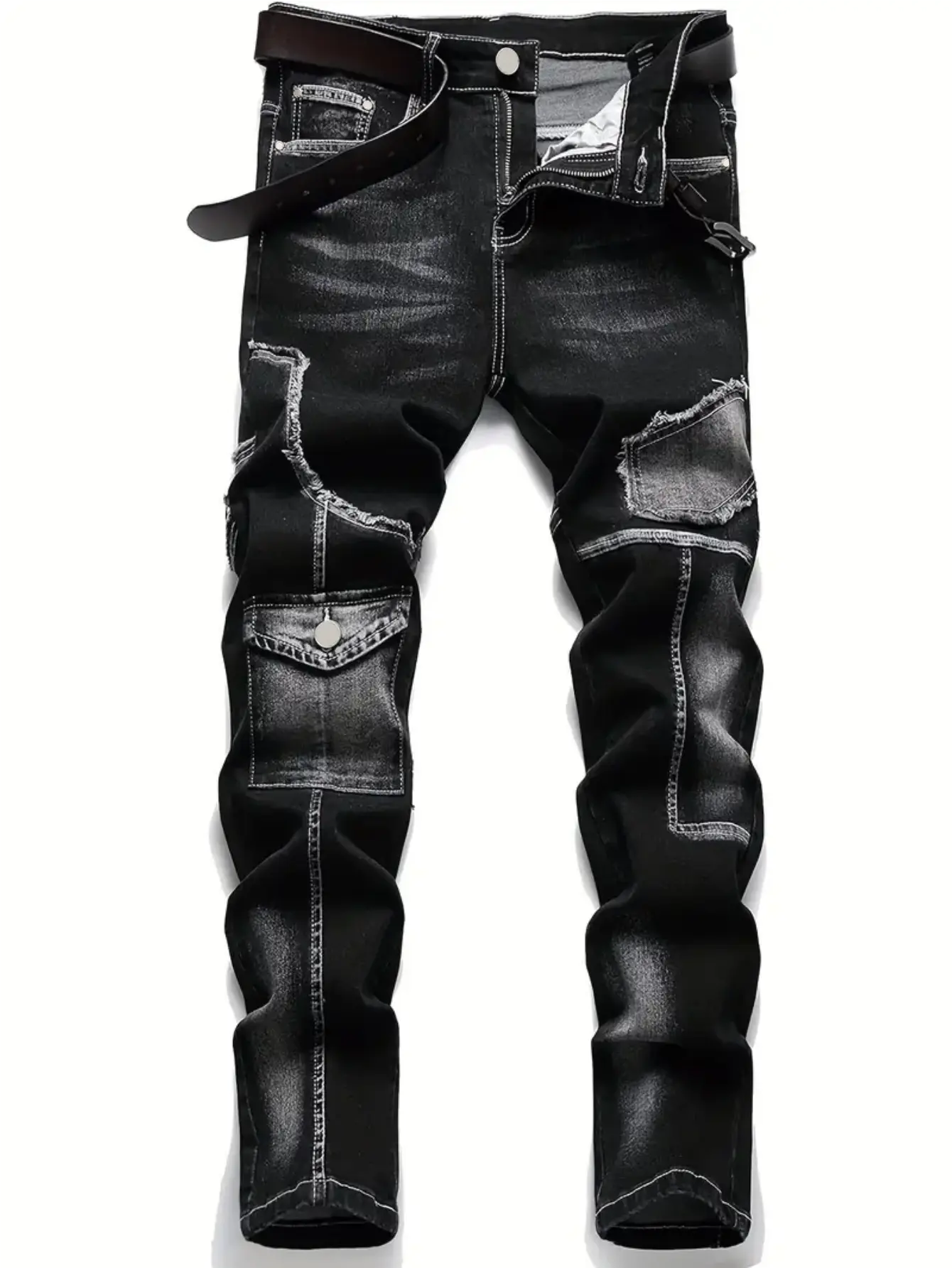 Men’s American high-street asymmetric patchwork jeans, black and white color-block design with visible stitching, cargo pockets, full-length pants, slim fit, stretchy fabric, trendy and versatile (no belt included).