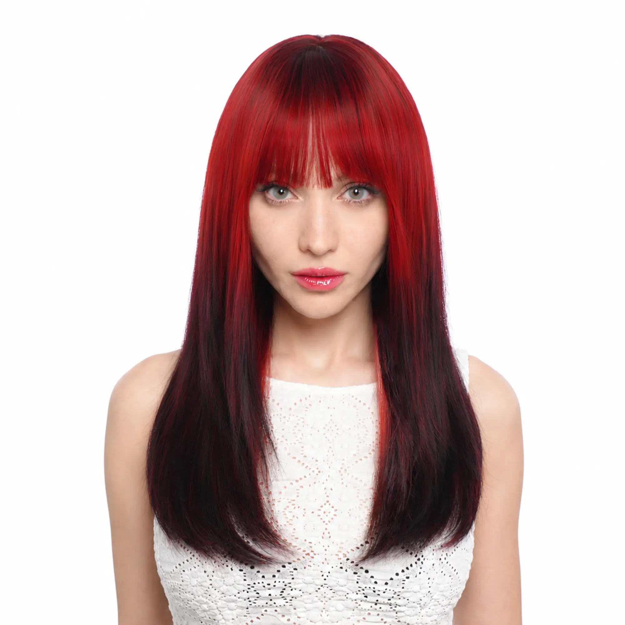 20-Inch Vibrant Red Reverse Ombre (Black Roots) Straight Wolf Cut Synthetic Wig | 【Heat Resistant】【Cap Included】 | #11 @11 *9 43FSGB