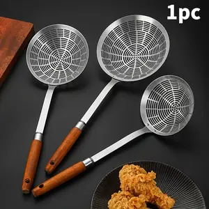 Premium Skimmer] Premium 304 Stainless Steel 1pc Skimmer with Wooden Handle | Deep Fry & Strain Large Ladle for Noodles, Dumplings - Anti-Scald Mesh Sieve for Hot Pot & Kitchen Use, Kitchen Utensils Gadgets, Kitchenware