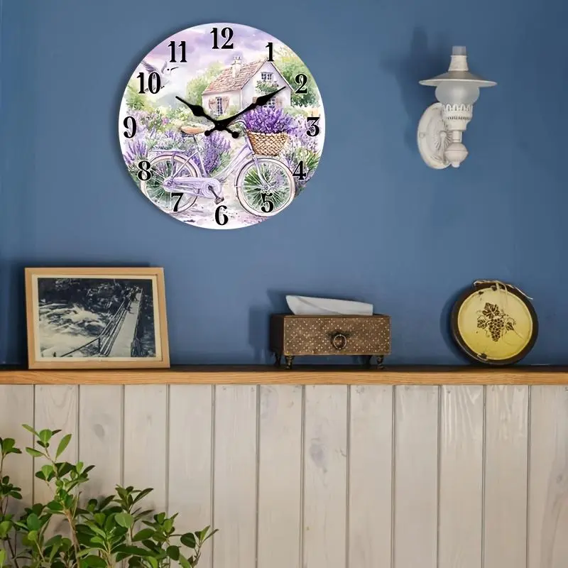 [Rustic Farmhouse Decor] Rustic Farmhouse Decor | 1pc Non-Ticking Wooden Wall Clock - Lavender Countryside with Bicycle Design, for Kitchen, Bedroom, Living Room, Stairwell, Laundry Room (AA Battery Operated, Not Included), Countryside Th 12x12inch