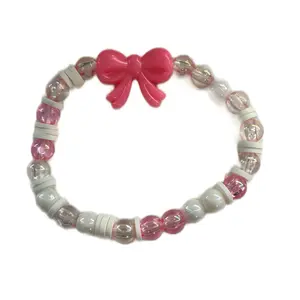 Cute Bow Bracelet with Pink and Grey Beads and Stylish Bow Accents for a Stylish Look,Strechable
