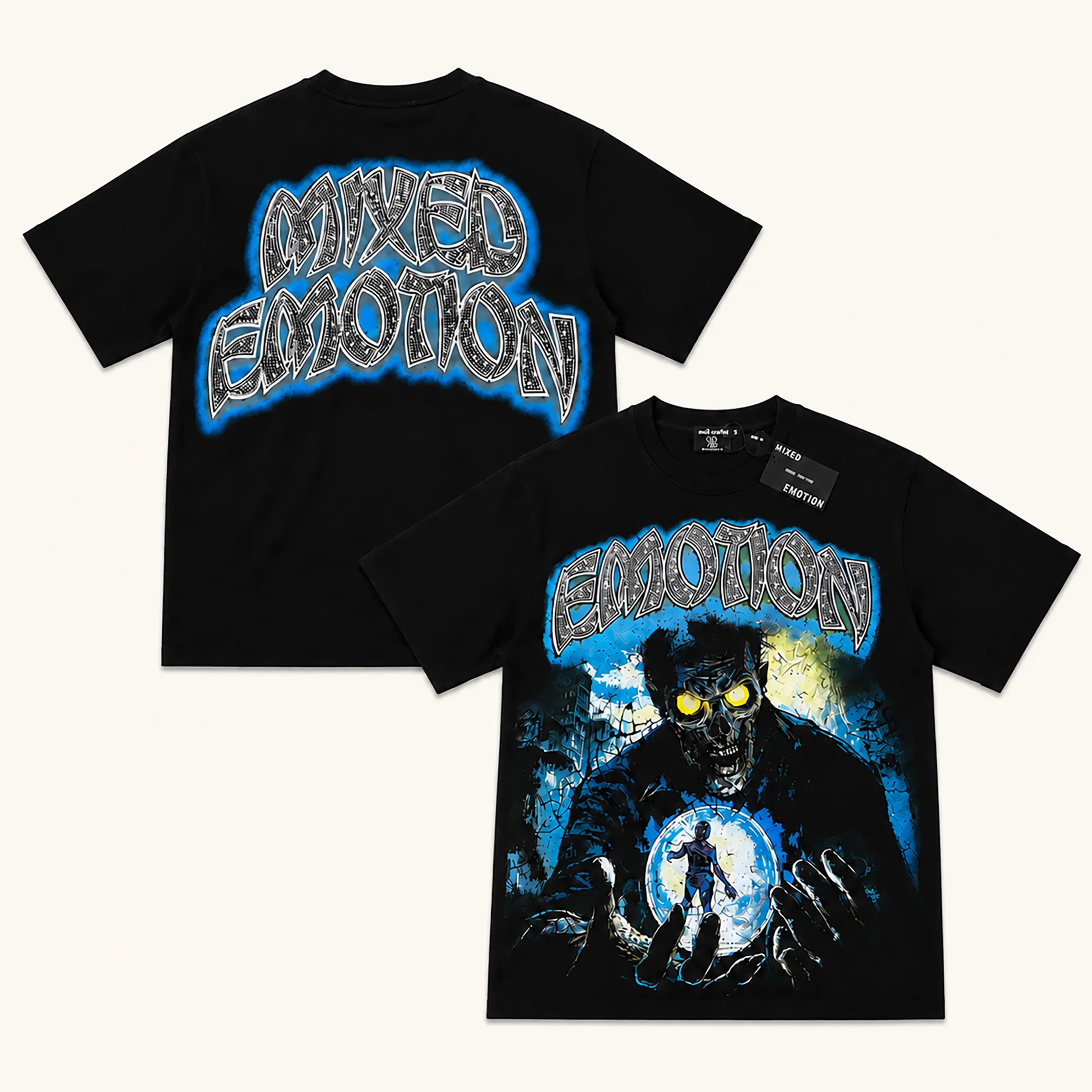 MIXED EMOTION Rhinestone Skeleton Zombie Graphic T Shirt Heavyweight Cotton Oversized Crew Neck Short Sleeve Y2K Hip Hop Gothic Streetwear Casual Summer Party Festival Outfit Men Women Unisex Teens Adults