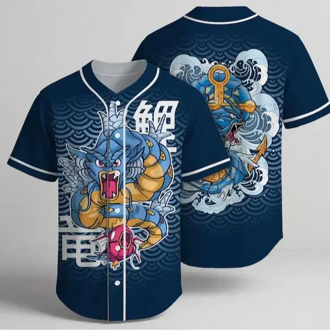 Japanese Sea Dragon Anime Style Button Down Baseball Jersey Premium Breathable Lightweight Shirt Vibrant All Over Print Mythical Ocean Serpent Kanji Art Streetwear Graphic Tee Great Unisex Gift