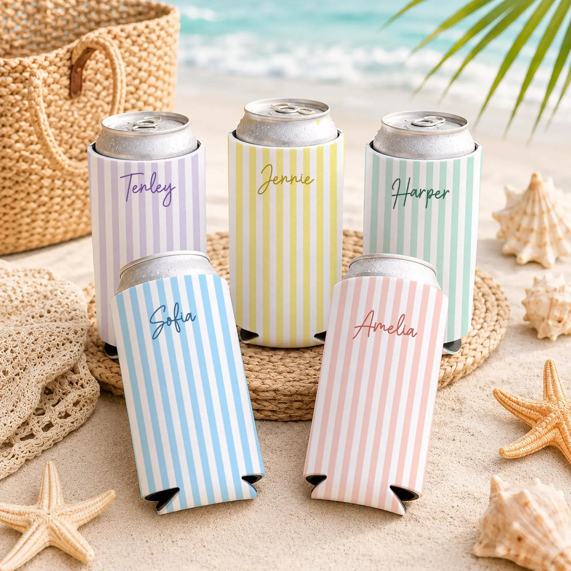 Personalized Beach Bachelorette Can Cooler, Monogrammed Name Can Cooler, Coastal Bachelorette Party Favor, Striped Skinny Can Holder