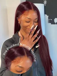 Bone Straight 5x5 Hd Lace Closure Wig Human Hair Brazilian Ready To Go Burgundy 99J Colored Glueless Wig Bone Straight Wigs For Women