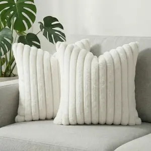 Ellalora Pack of 2 Luxury Faux Rabbit Fur Throw Pillow Covers - No Insert, Modern Boho Ribbed Plush Decorative Cushion Cases, Ultra Soft Fluffy Striped Square Pillow Shells for Sofa Couch Bedroom