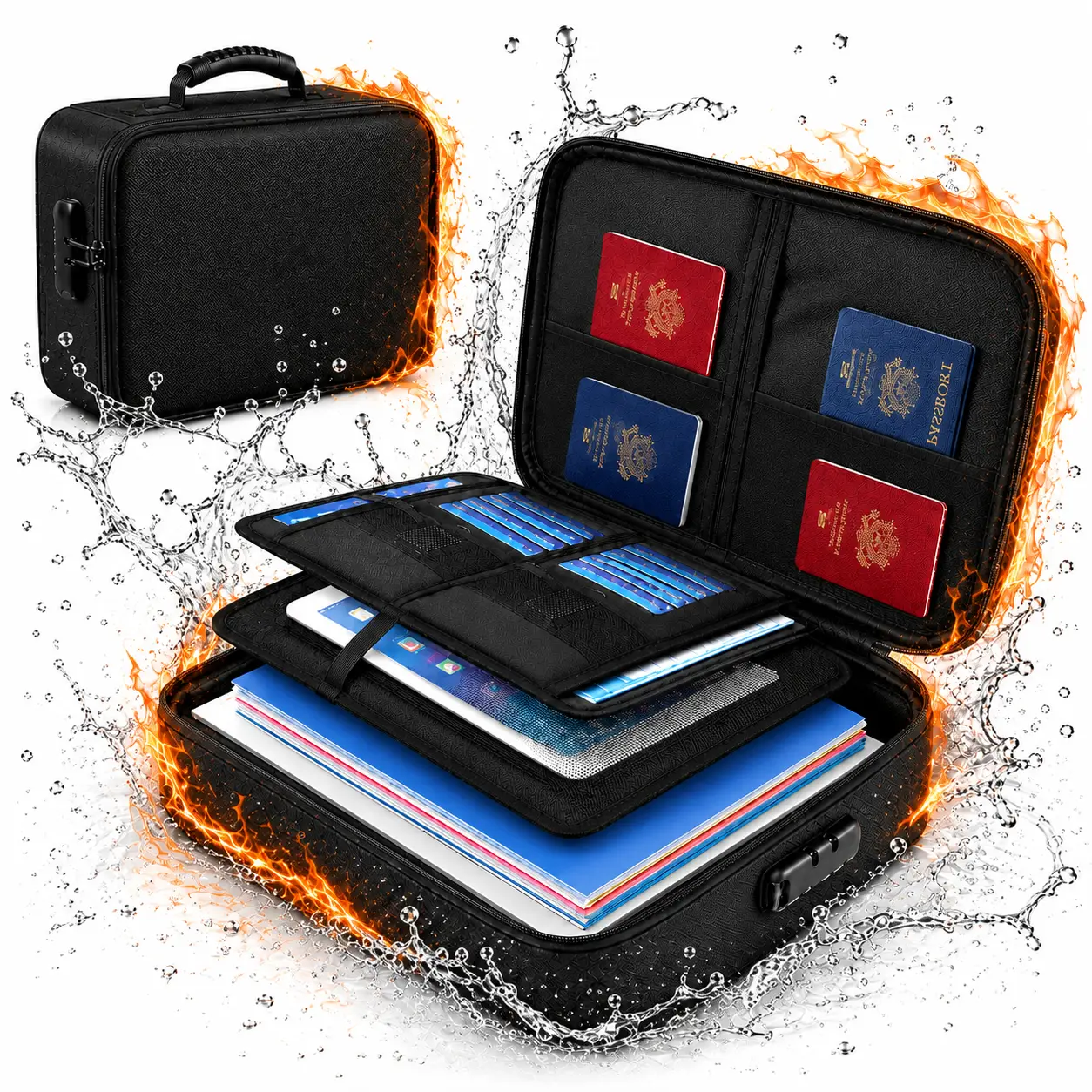 5200°F Fireproof Document Bag with Lock, Triple-Layer Silicone-Coated Water-Resistant File Storage Organizer, Portable Soft-Sided Document Case with Combination Lock and Carry Handle for Home, Office & Travel