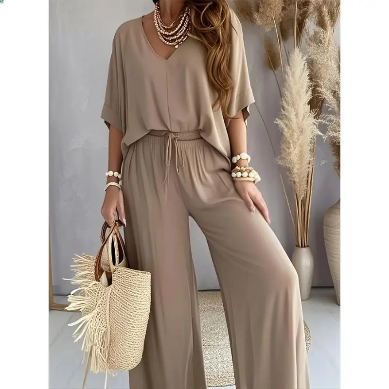 Casual Solid Color Pants Set, Half Sleeve V Neck Top & Wide Leg Pants Outfits, Women'S Clothing Suits White Fabric Womenswear Collar Comfort Trouser