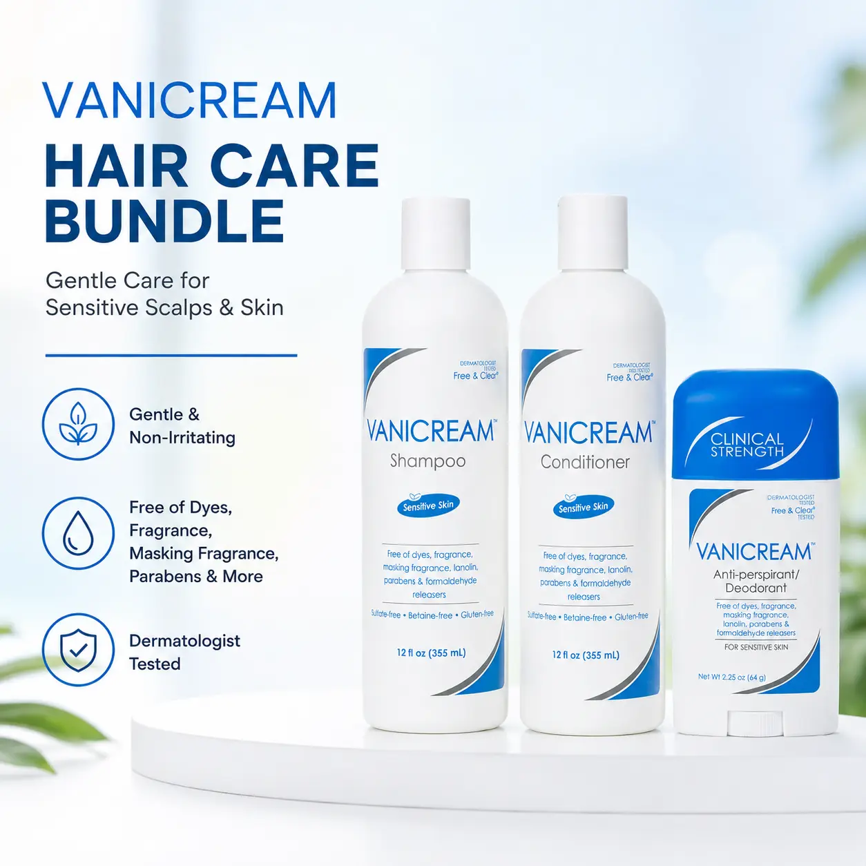 Vanicream 3-Piece Sensitive Skin Care Set - Shampoo Haircare Cleanser, Conditioner, Oily Scalp-Friendly Anti-Perspirant/Deodorant, Fragrance-Free