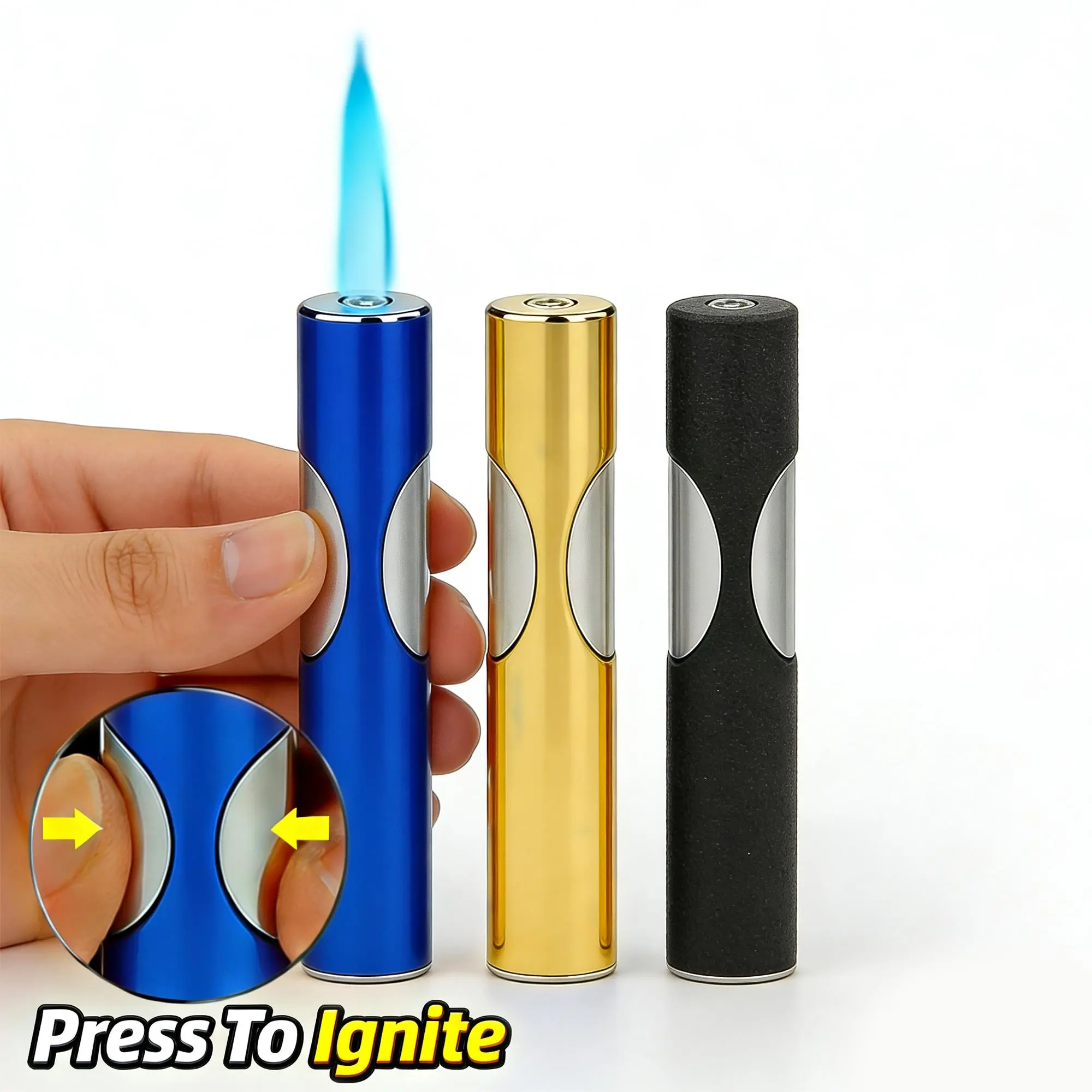 (Butane-free) Butane Torch Lighter with a Button Ignition System, Refillable, Adjustable Blue Flame, Portable Torch Suitable for Camping, Candles, And Outdoor Activities (Butane Not Included)