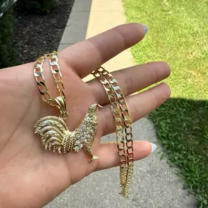 Roster Necklace Gold Plated Oro Laminado Cuban Chain 20" 24" Inches with Rooster Pendant Jewelry