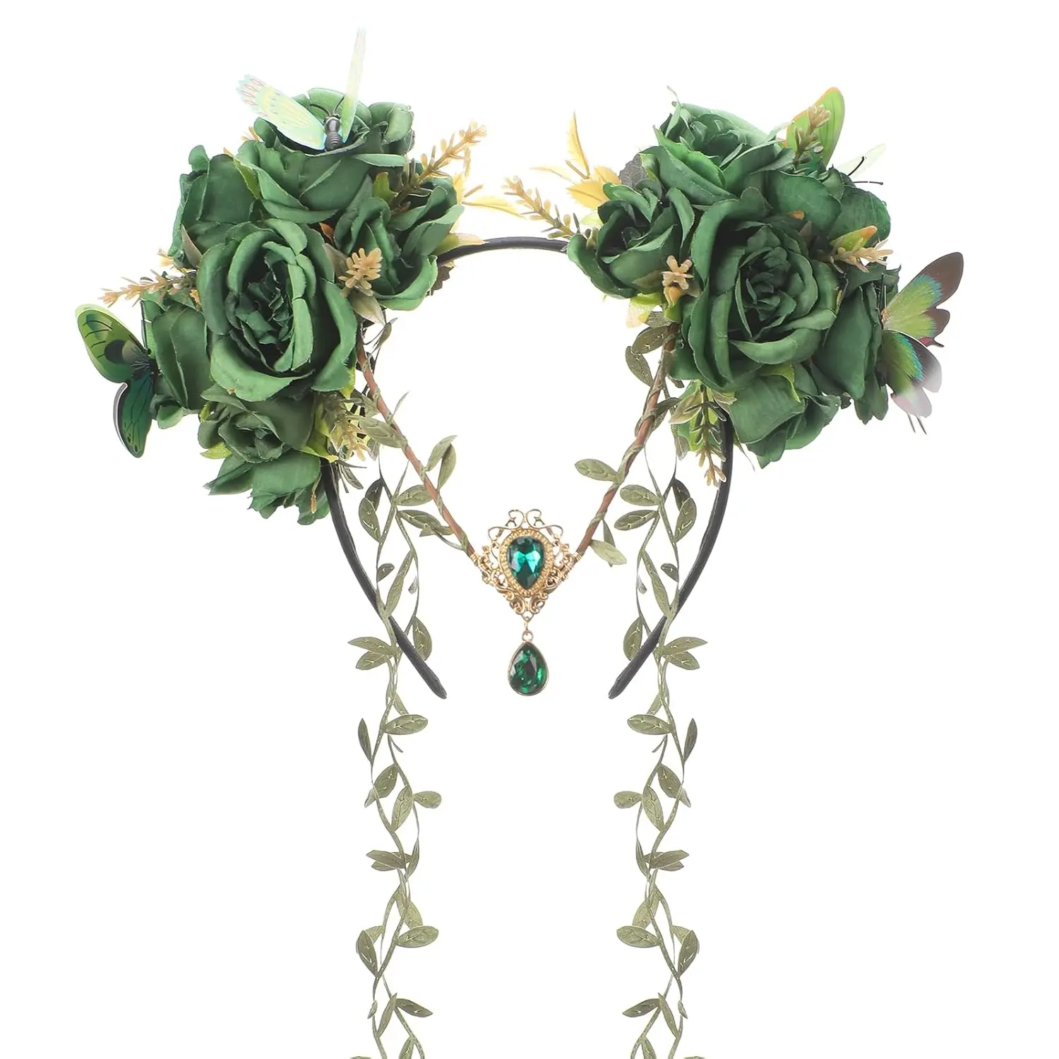 Green Fairy Flower Headpiece -  Crown with Butterfly for Woodland Fairy Costume, Forest Floral Headband for Renaissance Accessories Women Renfaire Halloween Fantasy