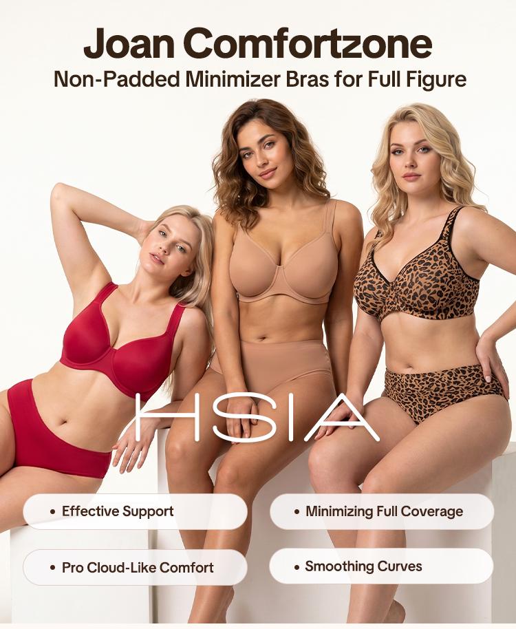 HSIA Joan Comfortzone Cooling Unlined Plus Size Full Coverage Underwire Support Minimizer Bra 1 to 1.5 Cup Sizes Down U Shaped Smoothing Back Wider Cushioned Straps Naked Feel Soft Smoothing T Shirt Bra for Big Bust Women