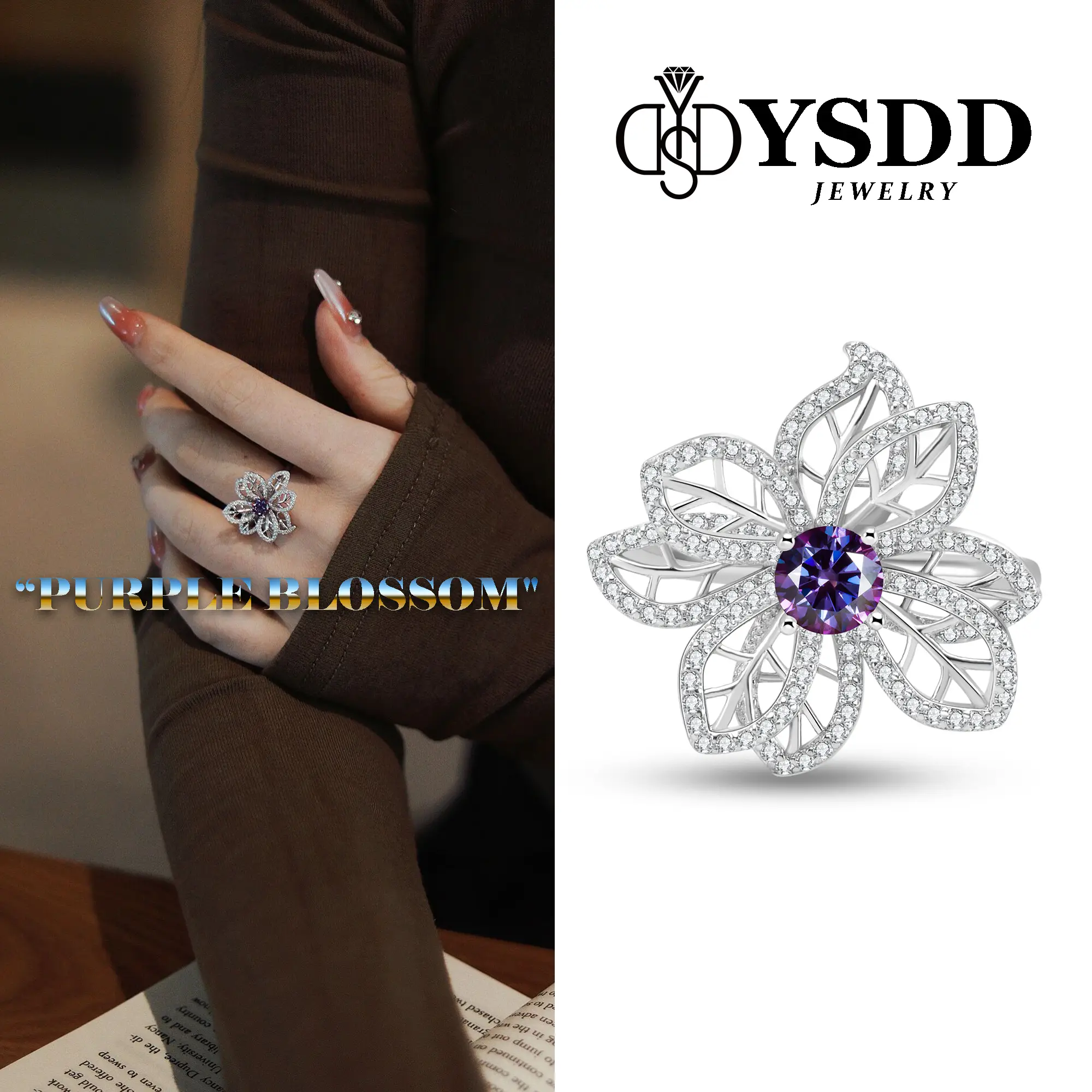 【#237 New Year Limited】Galaxy Purple Blossom Synthetic Moissanite Cocktail Ring in S925 1/2 Carat
