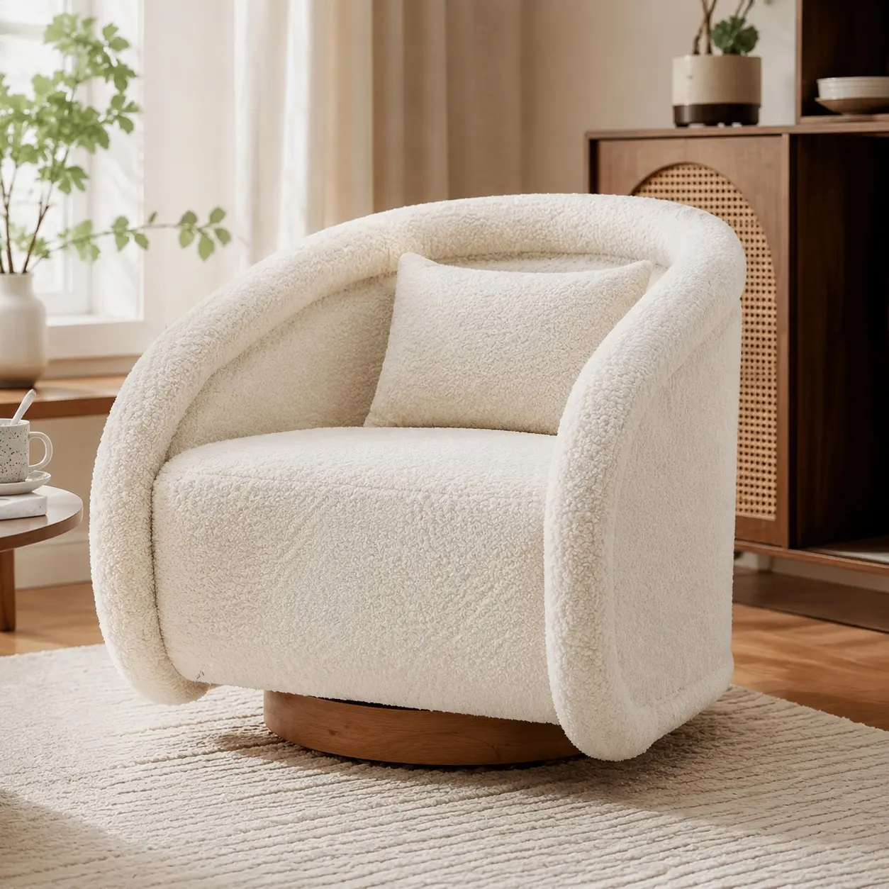 Littleox Cozy Pumpkin Shaped Swivel Accent Barrel Chair, 360° Smooth Rotate Teddy Fabric Upholstered Lounge Armchair Ideal for Living Room, Bedroom & Home Office