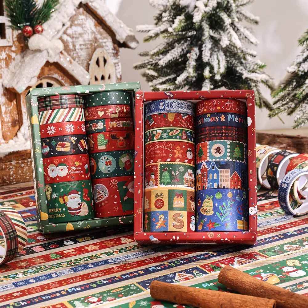 24-Roll Christmas Washi Paper Tape Set - 6.5 ft, Lodge-Inspired Art Deco Americana Country Rustic Designs (Christmas Tree Accents, Snowflakes, Santa Claus), Housewarming DIY Crafts & Party Decor Supplies