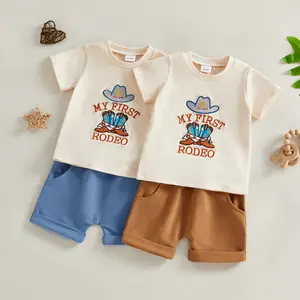 Babamoon Toddler Baby Boy Western Outfits Boots Cowgirl Hat My First Rodeo Embroidered Short Sleeve Tops and Solid Shorts 2pcs Clothing Set 6 12 18 Months
