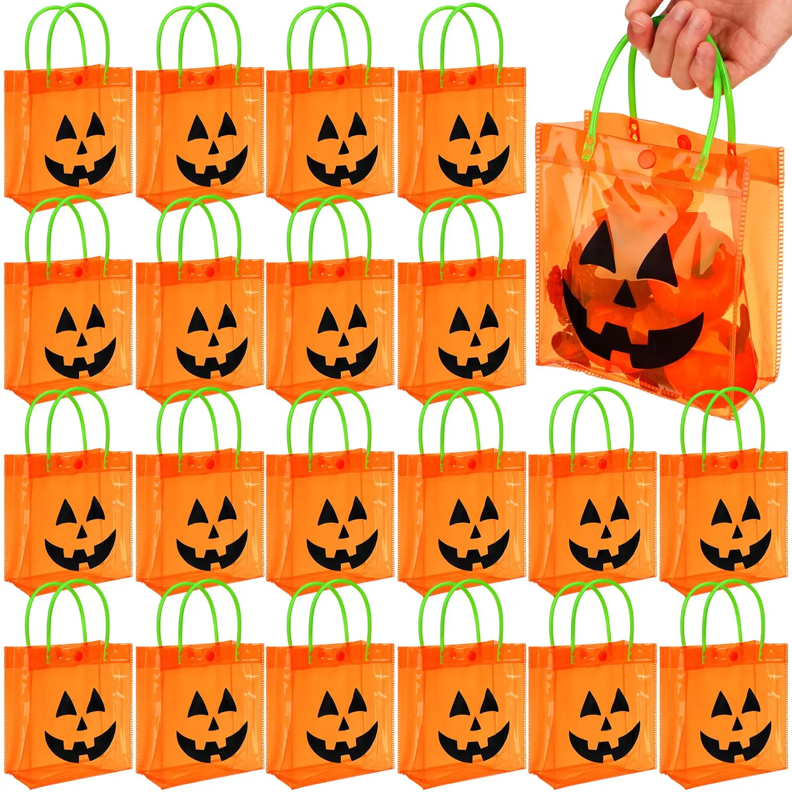 24 Pcs Halloween Candy Bags with Handles PVC Treat Bags Bulk Pumpkin Ghost Black Cat Halloween Fall Pattern for Kids Adults Neighbors Coworkers Classmates Halloween Party Summerween Birthday Party Thanksgiving Dinner Autumn Harvest Party Favors