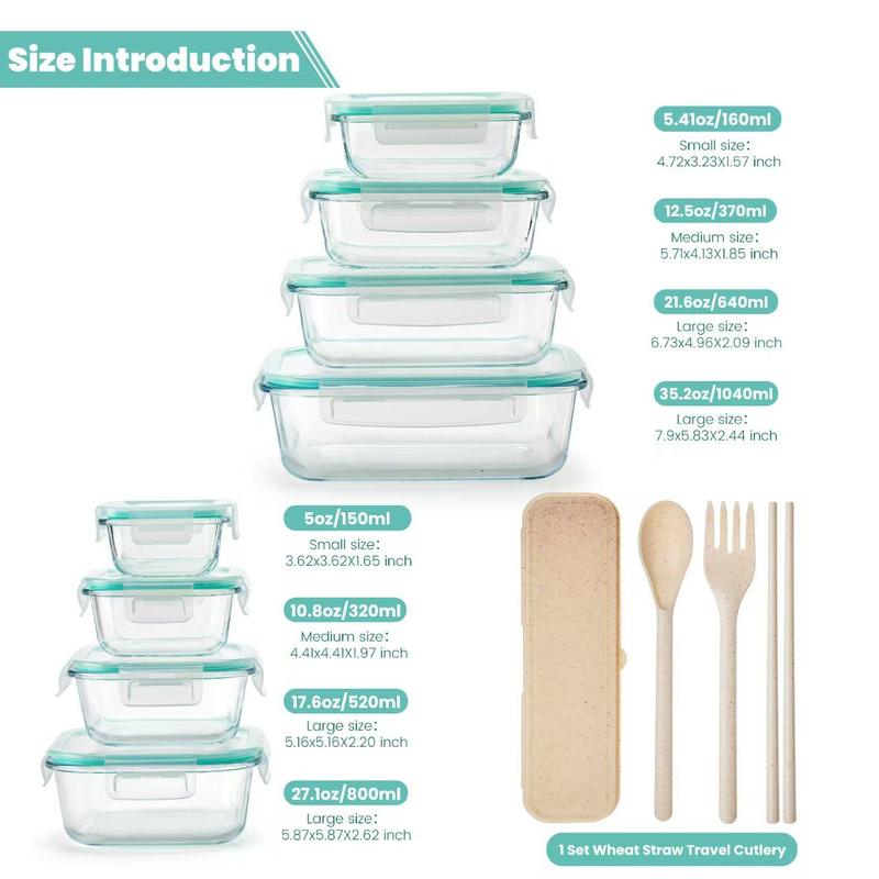[Valentine’s Day Gift] 8 Pack Borosilicate Glass Food Storage Containers (8 Containers+1 Utensil) Stackable Airtight BPA Free Oven/Microwave/Freezer/Dishwasher Safe