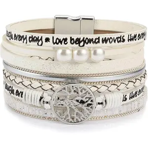Tree of Life Leather Wrap Bracelet Inspirational Cuff Bangles Boho Pearl Bracelets with Magnetic Clasp Unique Jewelry Gifts for Women