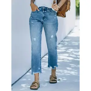 Tear off light blue casual nine minute straight wash jeans for women, raw linen tear off old jeans - washed blue diagonal pocket denim pants, suitable for streetwear style women's underwear, polyester pants, comfortable