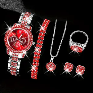 6 Pcs Round Rhinestone Quartz Watches Zinc Alloy Strap Zinc Alloy Pointer Zinc Alloy Dial And Rhinestone Bracelet Necklace Earrings Jewelry Gift For Women