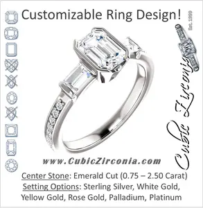 Cubic Zirconia Engagement Ring- The Naomi (Customizable Bezel-set Emerald Cut Design with Dual Baguettes & Pavé Band)