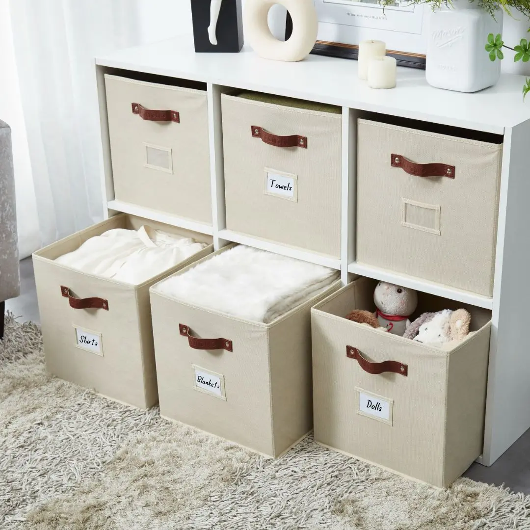 DECOMOMO Storage Baskets, 13x15x13 Storage Cube Bins with Labels for Organizing Shelves Kallax (Kallax / 4pcs, Beige) Bed Sheets Organizers Organiser