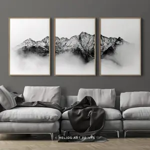 Three-Piece Cloud Mountain Wall Art Print Set, Snowy Peak Landscape Poster, Home Decor, High-Quality Canvas Prints