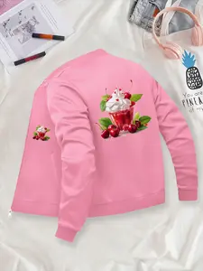 Women's Ice Cream Print Bomber Jacket, Lightweight Zip-Up Coat, American Street Style Design, All Seasons Casual Wear