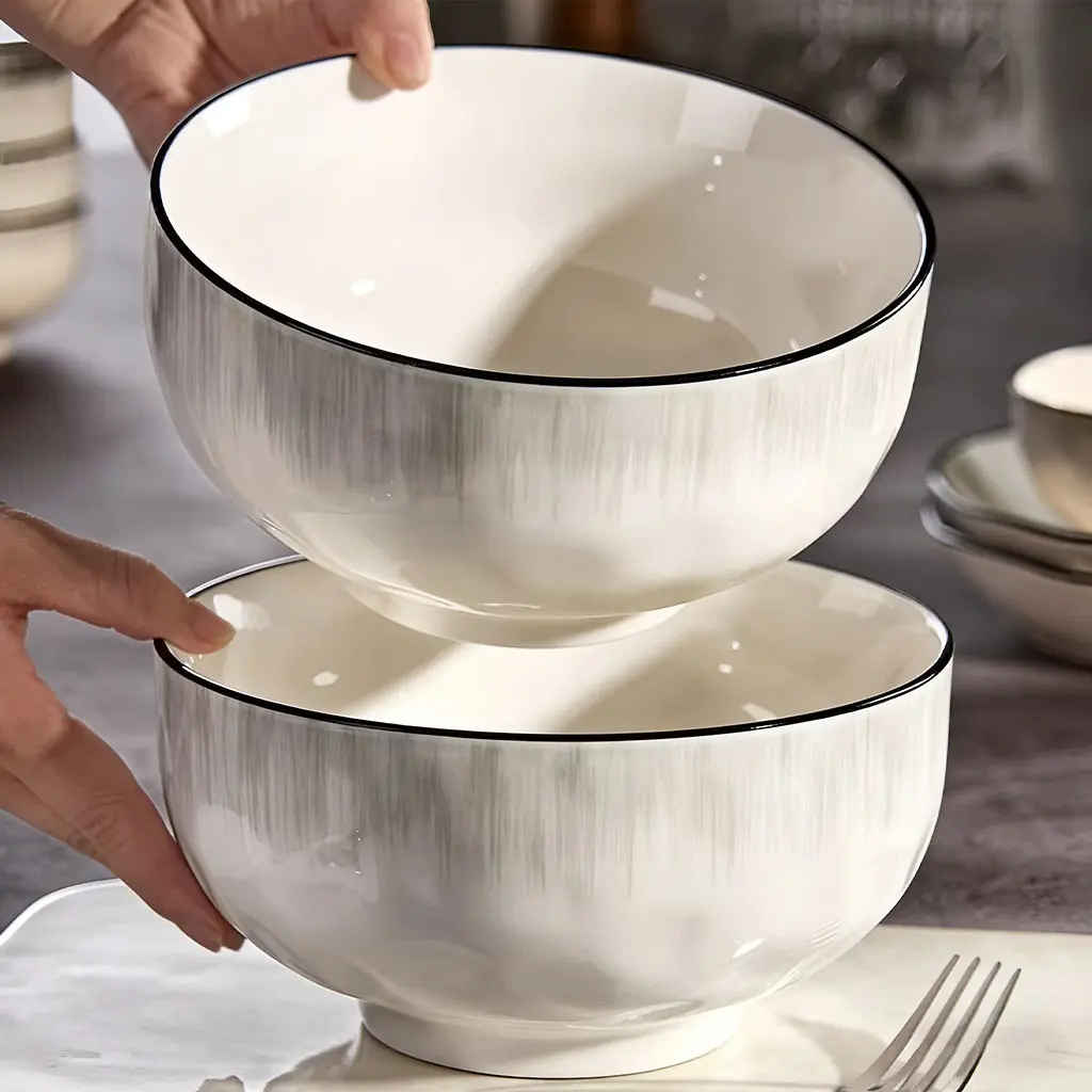 2 pieces of 8-inch ceramic rice bowls, salad bowls, noodle bowls, Kitchen Bowls, Microwavable Bowls, white ceramic with blue line patterns, suitable for serving rice, meat broth, mixed salad, Independence Day gatherings, microwave-safe, machine-washable