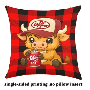 Dr Pepper Highland Cow Red Buffalo Plaid Cover Throw Pillowcase Single-sided printing Linen Material ,no pillow insert,Decor for Sofa Bedroom,Ideal Birthday Gift for Soda Lovers & Cow Enthusiasts