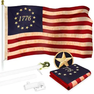 G128 Combo Pack: 6 Ft Tangle Free Aluminum Spinning Flagpole (White) & Betsy Ross 1776 Tea-Stained Flag 3x5 Ft, ToughWeave Pro Series Embroidered 420D Polyester | Pole with Flag Included
