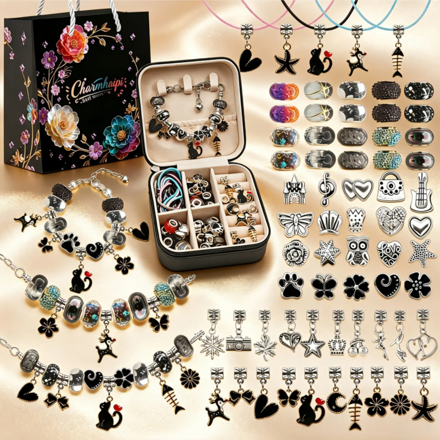 2026New Black Series DIY Bracelets Accessories for Women Jewelry Marking Kit 68Pcs Fun Beads Charms for Creative Elegant Crafts Jewelry With a Special Jewelry Box Making Bracelet or Necklace Toy Gifts Girlfriend for Birthday Valentine Gifts for Her