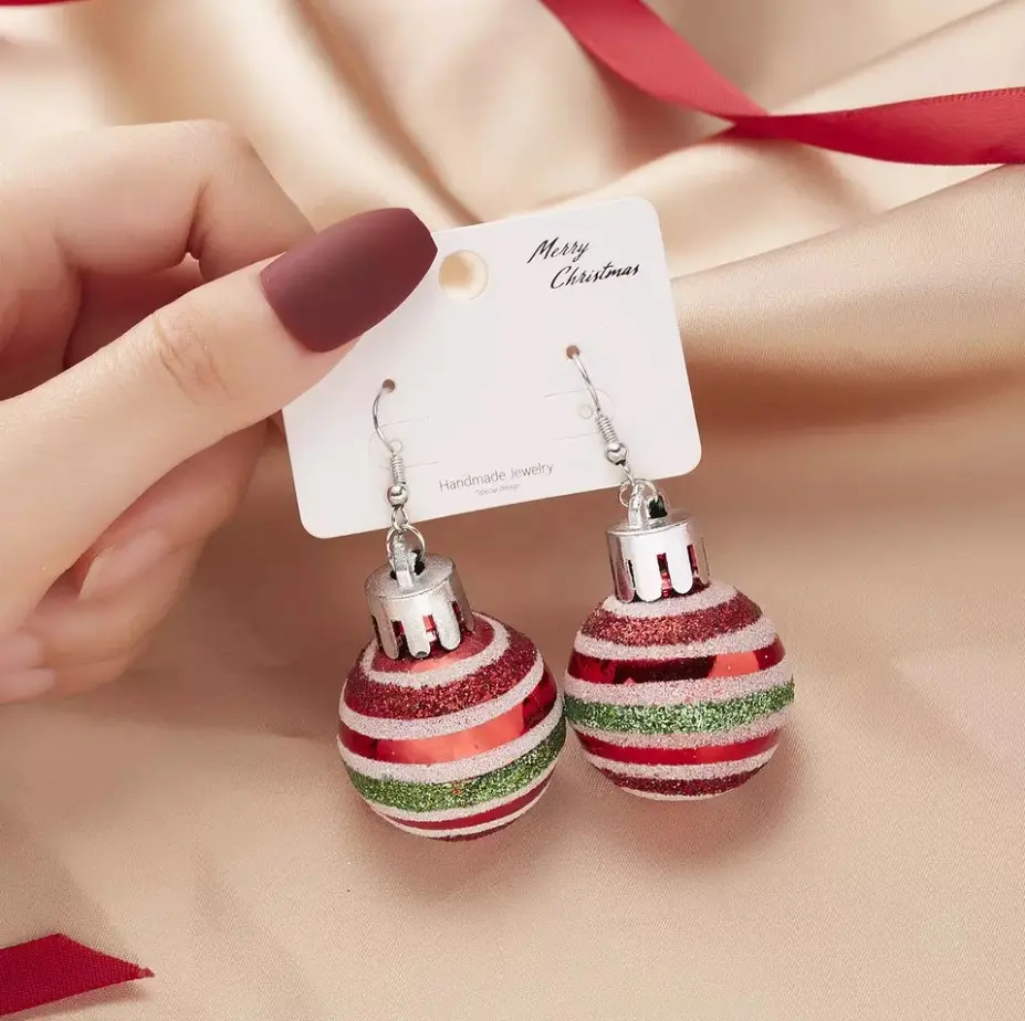 Christmas Ornament Earrings - Green, Red and White Christmas Tree Baubles