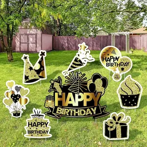 8 Pack Black Gold Happy Birthday Yard Signs Balloon Birthday Hat Yard Sign with Stakes Outdoor Lawn Sign Decorations for Home Party Decorations