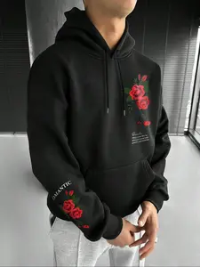 Men's Floral & Letter Print Drop Shoulder Thermal Lined Essential Hoodie, Fashion Casual Regular Fit Drawstring Pocket Graphic Hooded Sweatshirt for Daily Holiday Outdoor Wear, Men Clothes for Fall & Winter, Flower Hoodies