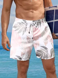 Men's Tropical Leaf Print Swim Trunks, Colorblock Style Vacation Beach Shorts, High Stretch Waist Drawstring, Casual Five-Quarter Pants, Swimming Shorts, Swimwear Shorts