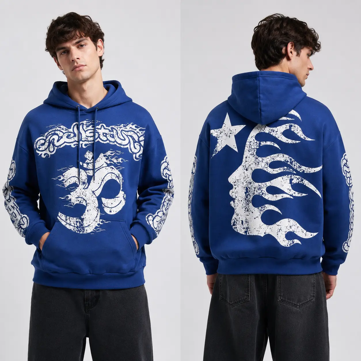 Hell Starr Distressed Flame Graphic Hoodie, Front Back Star Print Pullover, Y2K Streetwear Sweatshirt, Oversized Urban Graphic Hoodie