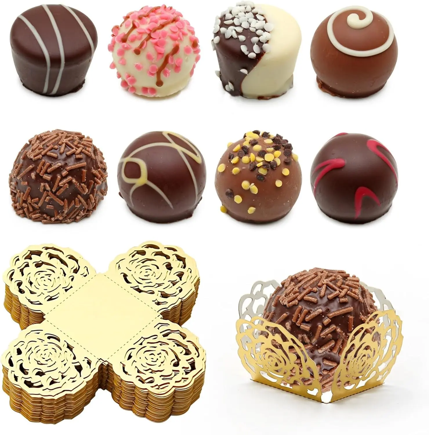 50pcs Gold Truffle Wrappers Flared Paper Baking Cups for Chocolates Candy, Versatile Liners for Muffins Cupcakes, Ideal for Birthday Wedding Party Decor, Greaseproof & Easy to Use