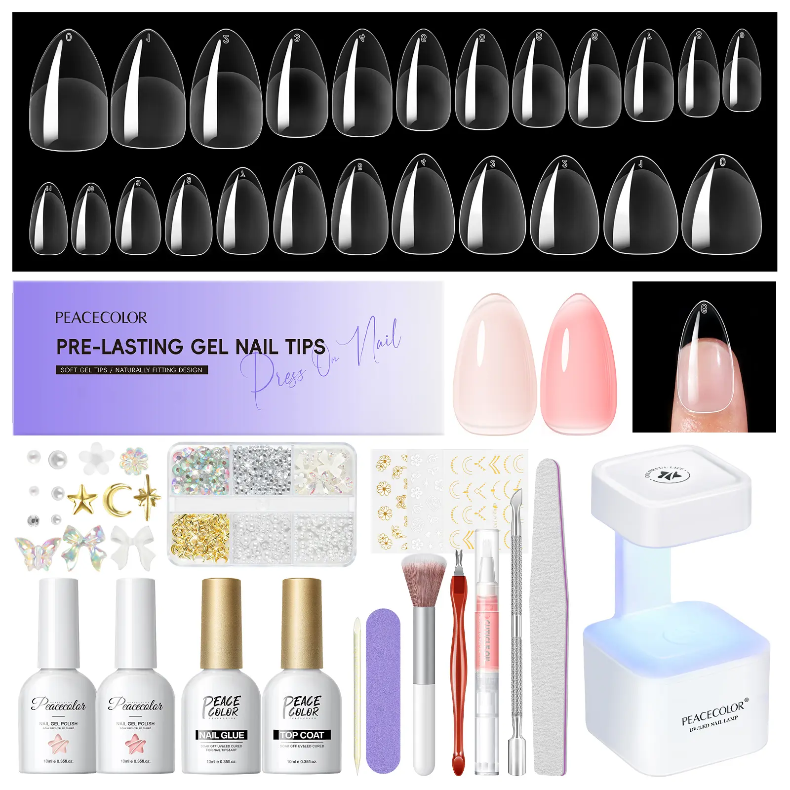 Peacecolor Gel Nail Kit Acrylic Tips with Glue Top Coat UV Light Nude Color Polish Beginners DIY Home Manicure Tool Gift for Girls Nail Art Care