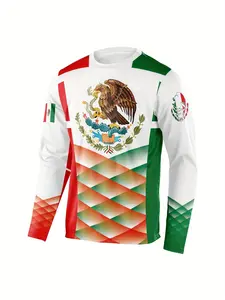 Men's Mexican Style Long Sleeve Sun Protection Jacket, Round Neck Polyester Sports Top, Medium Stretch Geometric Knit Fabric