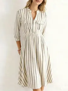 A women's vertical striped waist shirt dress, light and mature commuter style pocket decoration mid-length skirt, suitable for daily commuting, light social gatherings, weekend outing, spring and autumn dates, Casual Dresses