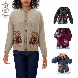Women's Autumn Sweater Cardigan Long Sleeve Round Neck Button Up Bear Print Knitwear