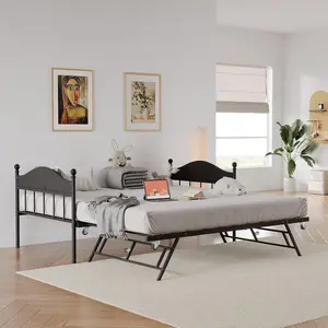 Twin Size Metal Daybed with Stylish Headboard, Pop-Up Foldable Trundle (Foldable Bed), Heavy-Duty Steel Slats Steel Frame Platform, Convertible Sofa Bed Frame for Living Room, Bedroom, Black