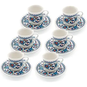 Turkish Coffee Cup Set of 6 with Saucers & Holder – Ceramic, Dishwasher-Safe, Keeps Warm – Patterned Turkish Espresso Cups for Home & Office
