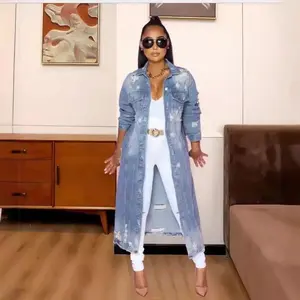 Loose Ripped Denim Long Jacket Cape Elegant Fabric Womenswear Coats