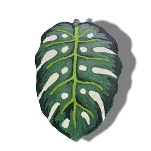 Green Monstera Leaf Shaped Accent Hand Tufted Wool Rug